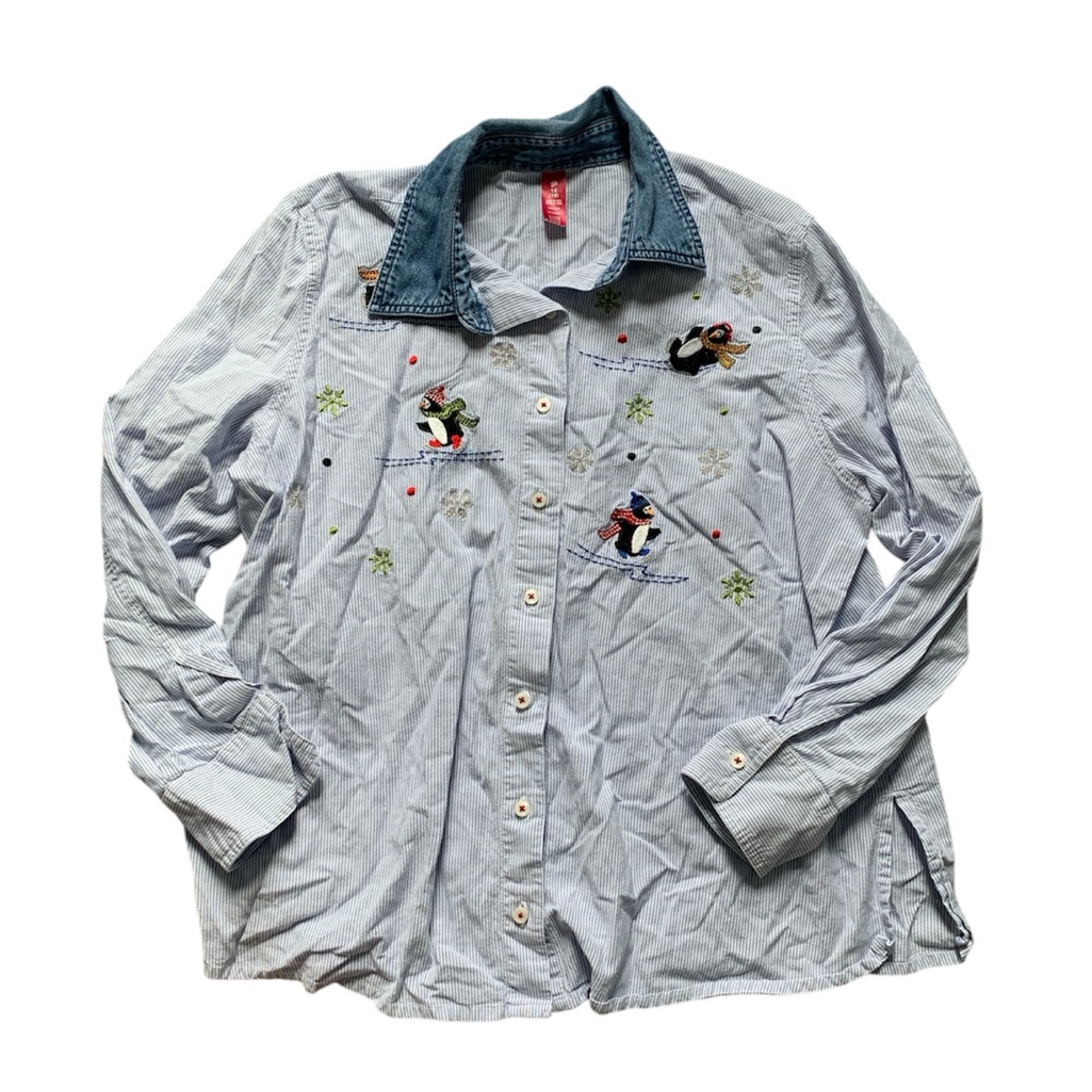 Vintage Blue & White Striped Penguin Embroidered Button Down Shirt 1x